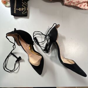 Qupid Suede Look Black Ankle Wrap High Heel Pointed Toe Tassel Size 8.5